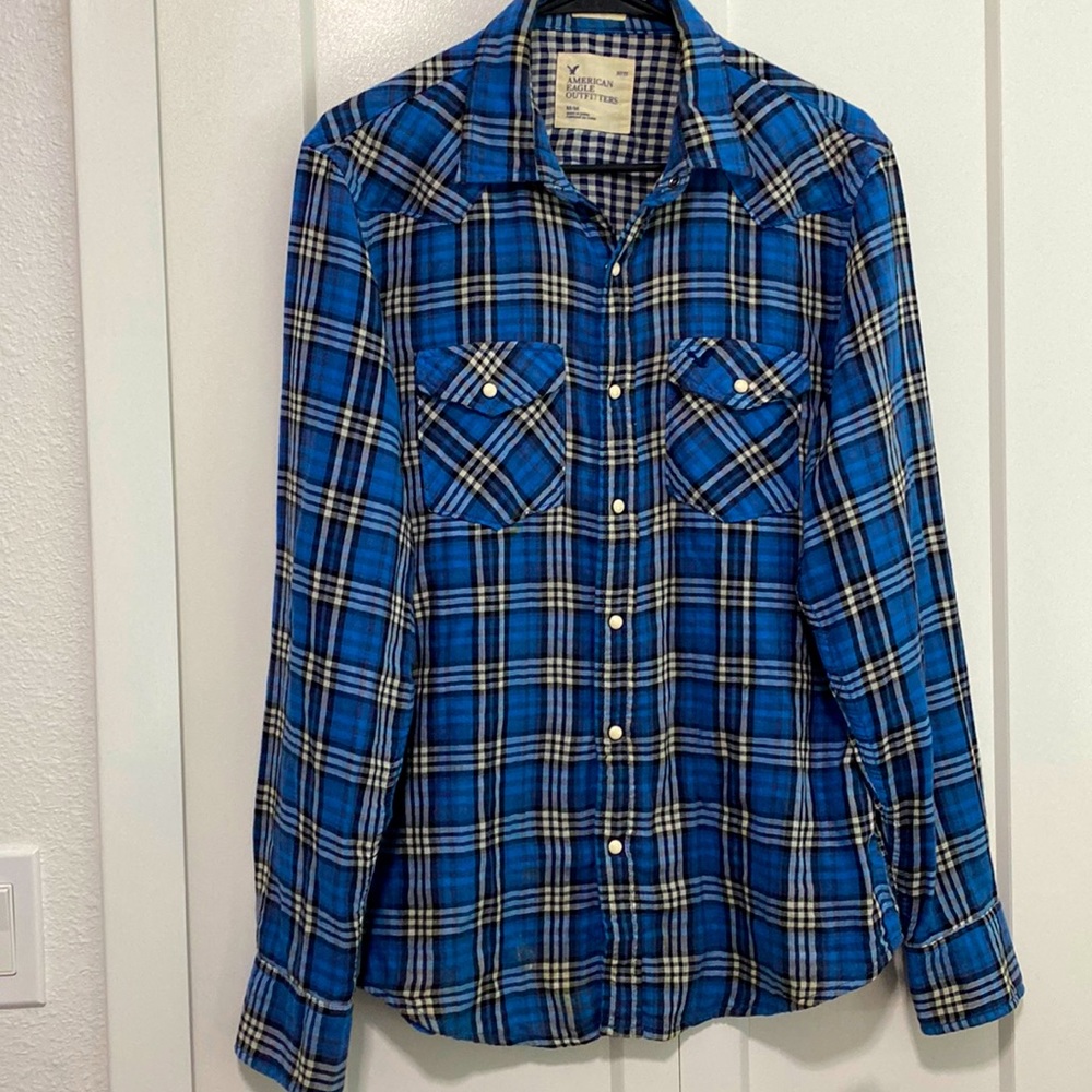 American Eagle Shirt Blue Plaid Long Sleeve Button-Up Pearl Snap Western | Med